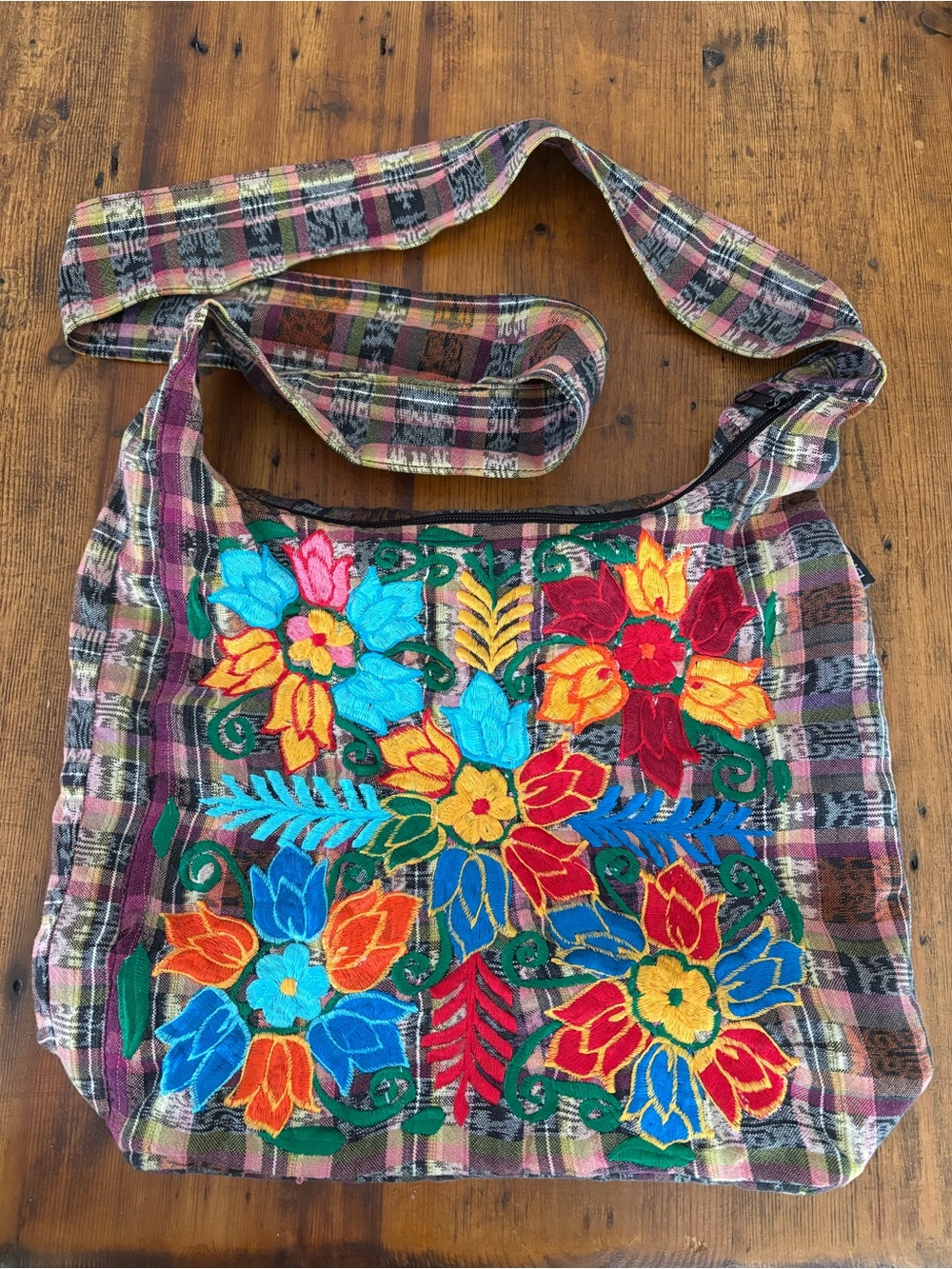 Ixchel Handmade Guatemalan Plaid Hand Embroidered Boho Slouchy Hobo Bag